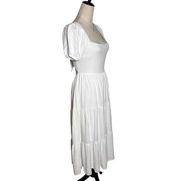 Sadie & Sage White Cottagecore Puff Sleeve Tie Back Midi Dress Boho Prairie S - Picture 4 of 13